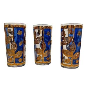 Culver Vintage‎ MCM 22K Gold & Blue Paisley Floral Highball Cocktail Bar Glasses